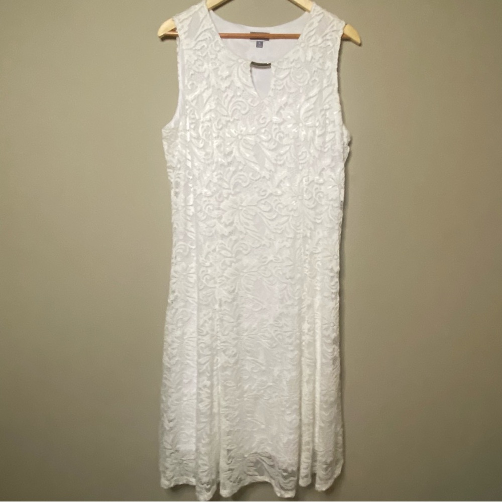 JM Collection Sleeveless A-Line Dress XL White Lace Floral Overlay Lined New